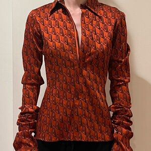 Like New Jean Paul Gaultier Femme Orange Printed Long-Sleeve Zip-Up Silk Blouse